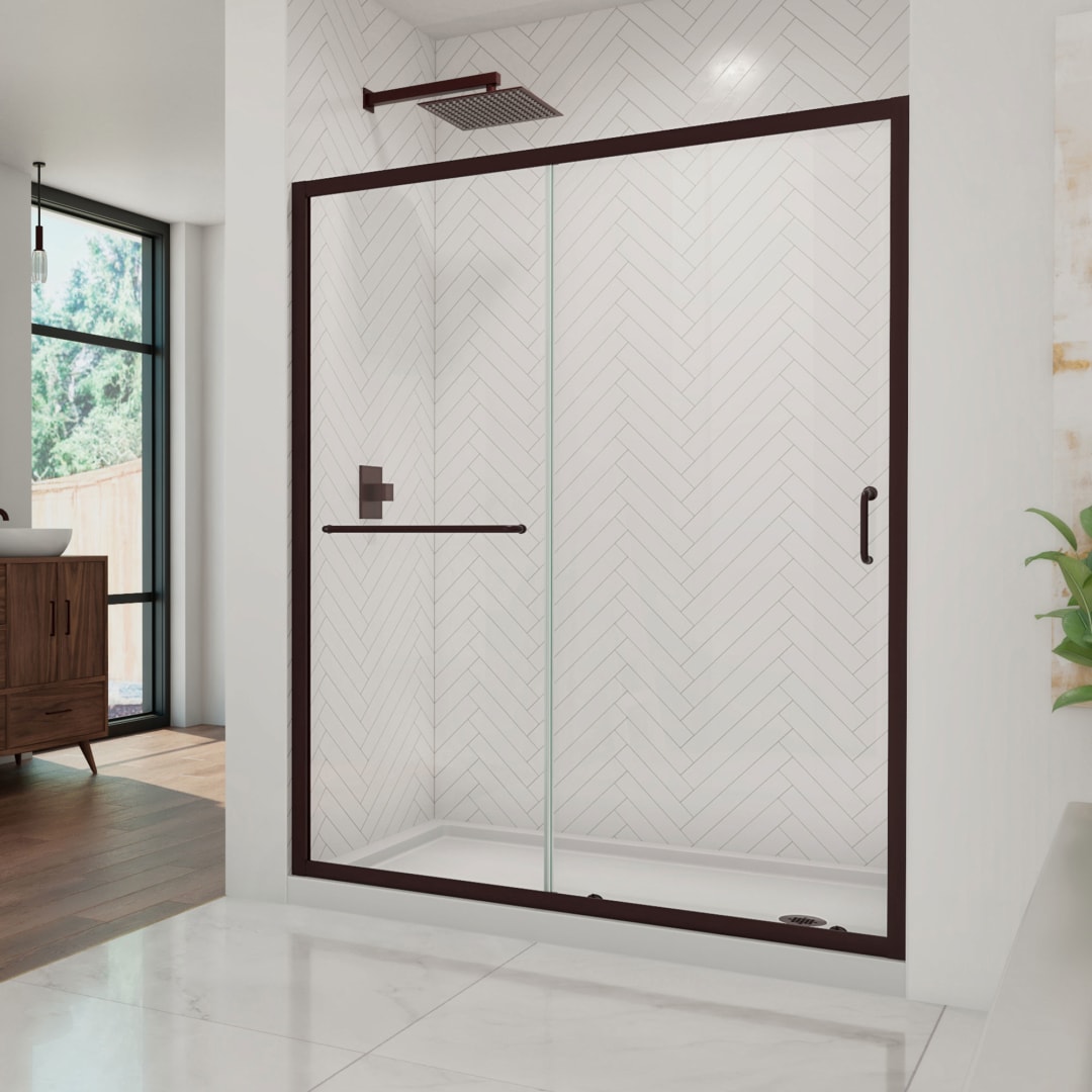DreamLine Infinity-Z 36 inch D x 60 inch W x 74 3/4 inch H Semi-Frameless Sliding Clear Shower Door in Oil Rubbed Bronze with Right Drain White Shower Base Kit