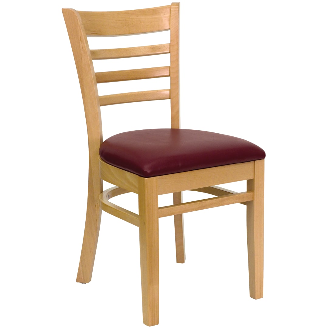 4 Pk. HERCULES Series Ladder Back Natural Wood Restaurant Chair - Burgundy Vinyl Seat