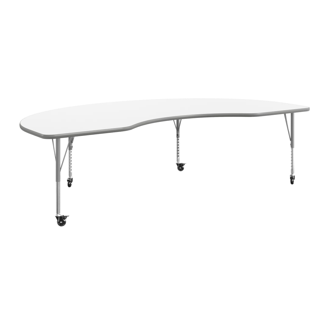 Wren 96" x 48" Kidney Adjustable Height Activity Table, Thermal Laminate Top, Short Legs with Locking Casters, White