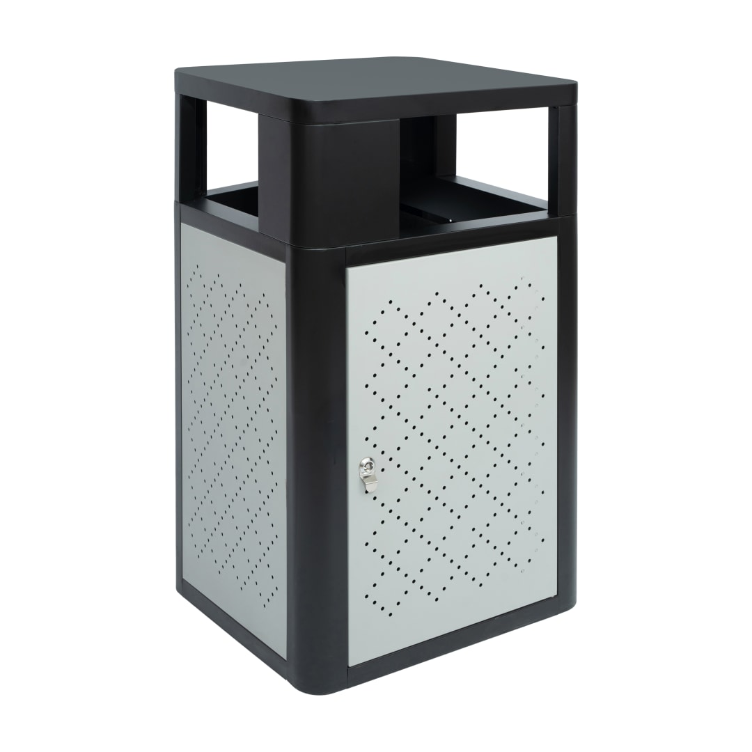 Brooks 31.4 Gallon Indoor-Outdoor Steel Trash Can with Locking Access Door and Removable Inner Fiberglass Bin, Black/Silver