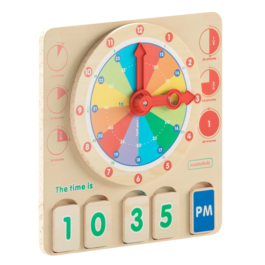 Bright Beginnings Commercial Grade STEM Telling Time Learning Board with Digital and Analog Readings in Natural Finish with Multicolor Accents