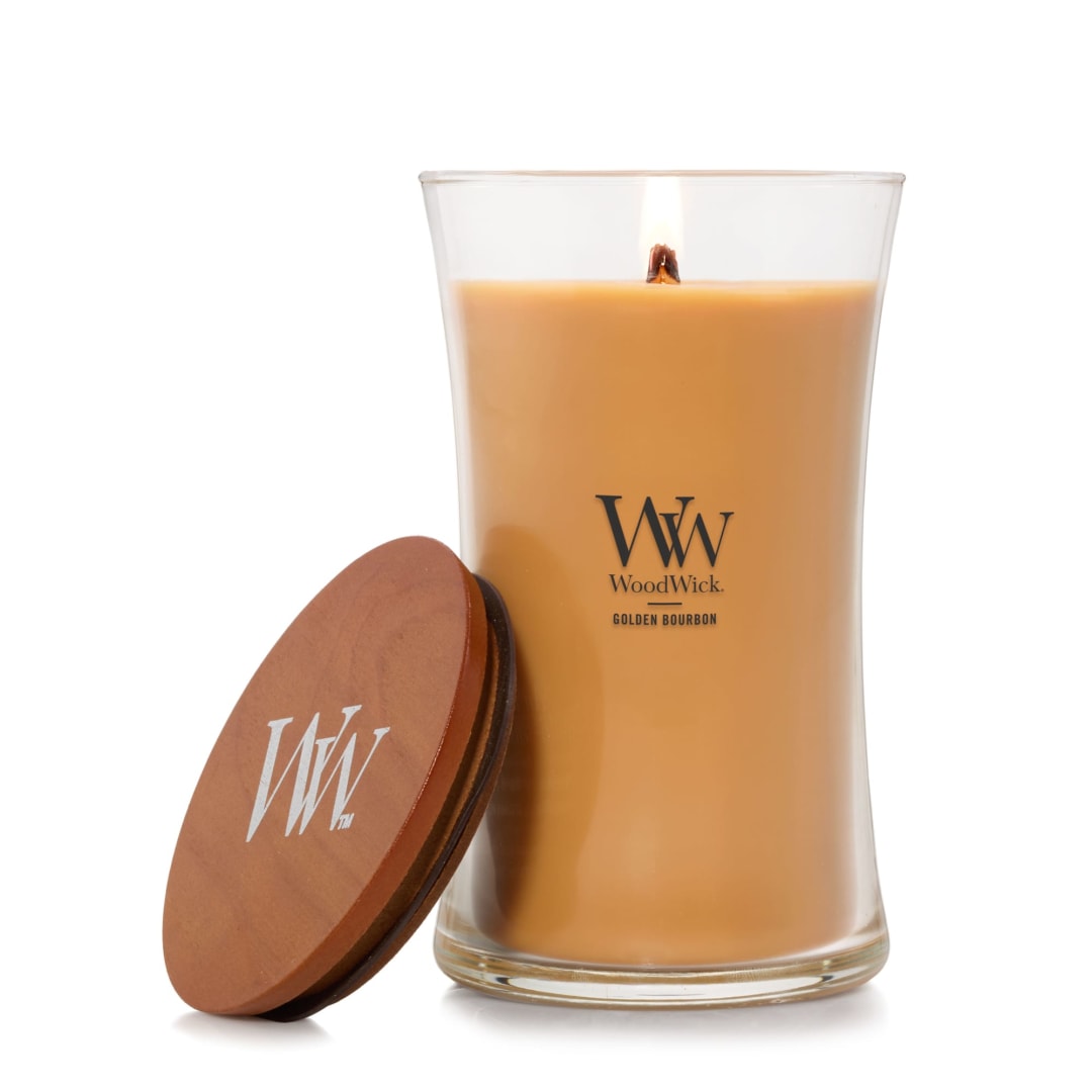 WoodWick® Golden Bourbon Scented Large Hourglass Candle, Crackles as it burns, Up to 120 hrs burn time, Perfect for gifting, 21 oz