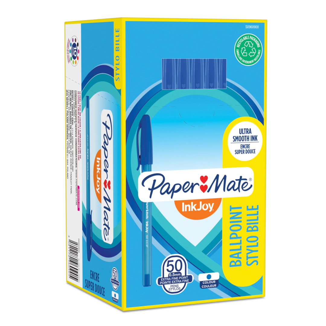 Paper Mate Bolígrafo con capuchón | punta ultrafina (0,5 mm) | azul | caja de 50