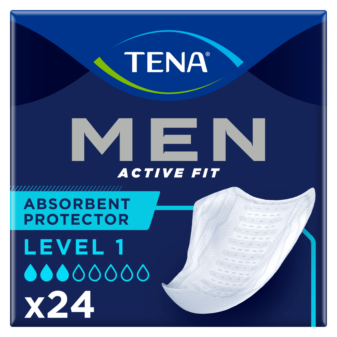 TENA Men Active Fit Absorbent Protector Level 1 – Ultra Thin Incontinence Pads for Men, Light Urine Leaks, 3.5mm Thin, Triple Protection Against Leaks, Odour &amp; Moisture, Secure Fit - Pack of 24