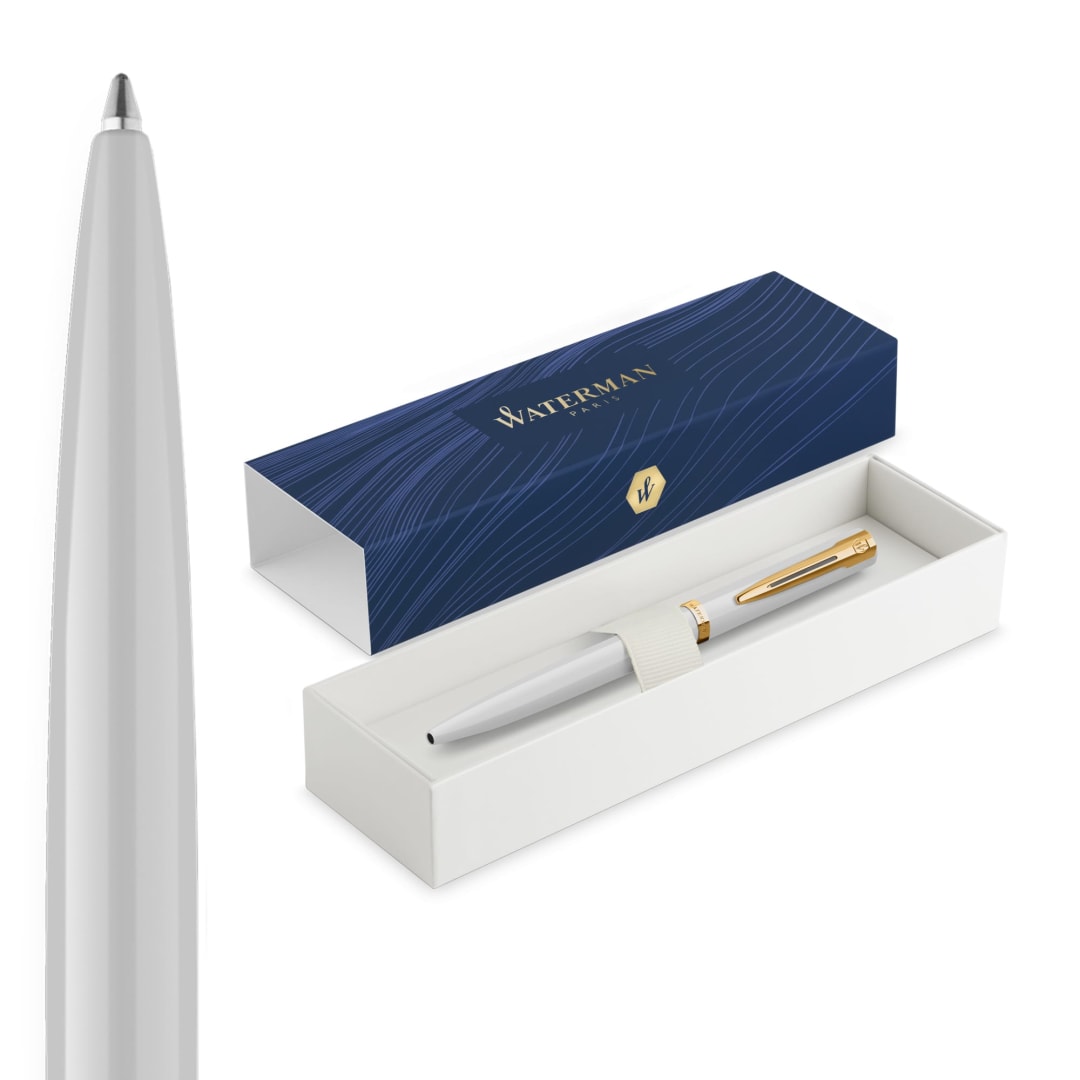 Waterman Impression Ballpoint Pen | Medium Tip with Blue Ink Refill | White Lacquer with Gold-Coated Trim | Gift Box