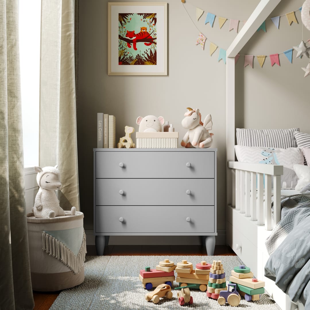 Archie Small Kids Dresser with Gray Engineered Wood Frame, 3 Drawers with Gray Pull Knobs, and Solid Wood Tapered Legs
