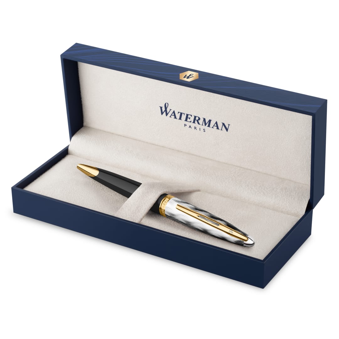 Waterman Carene Bolígrafo | Metal y laca negra con detalles dorados y capuchón grabado | Punta media | Tinta azul | Caja de regalo