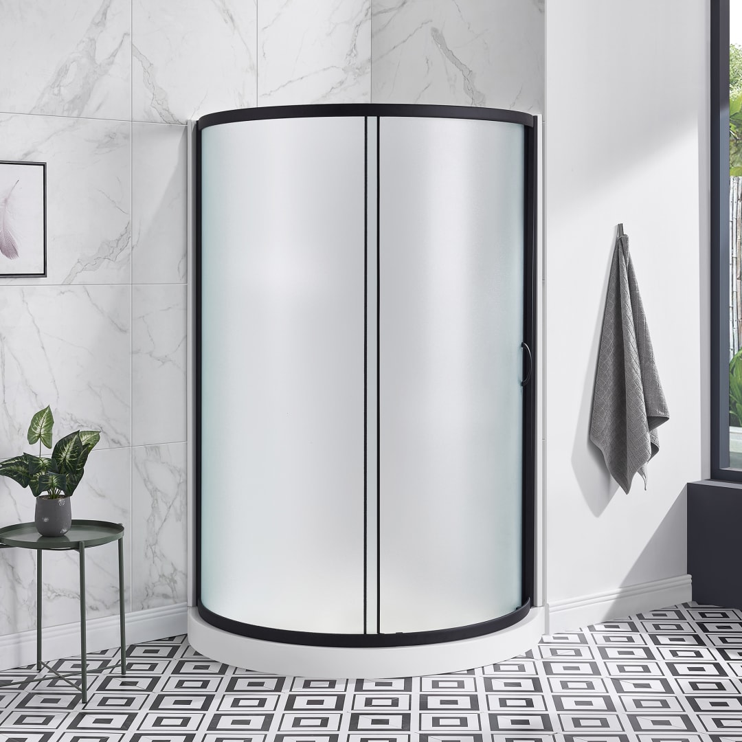 Breeze 40 in. L x 40 in. W x 77 in. H Round Corner Shower Kit in Black with Frosted Sliding Door, Acrylic Wall and Shower Base Pan