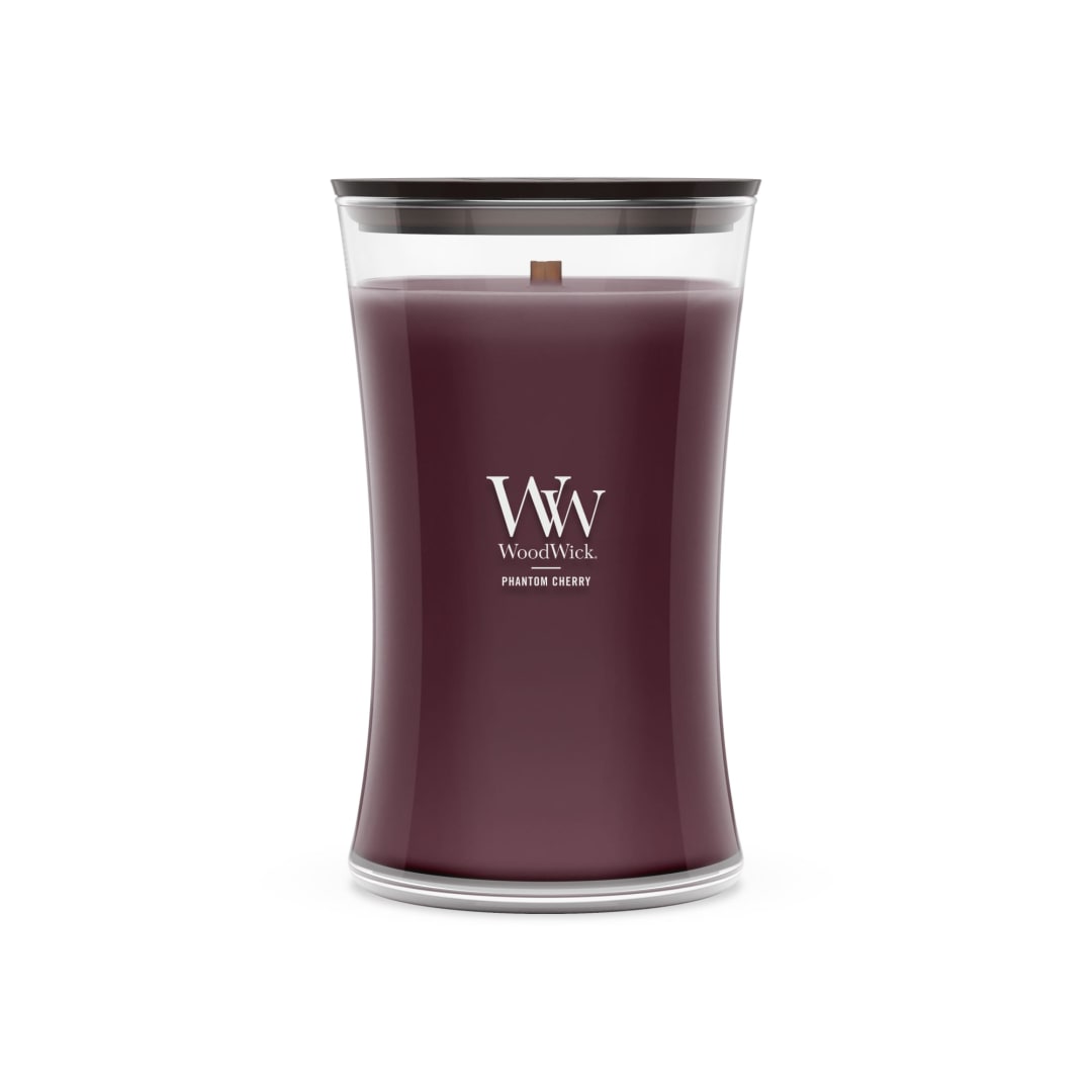 WoodWick® Phantom Cherry Scented Large Hourglass Candle, Crackles as it Burns, Great for gifting, 21oz