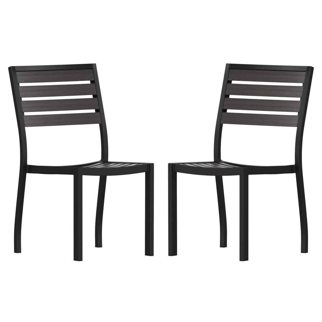 Lark Outdoor Stackable Side Chair with Gray Wash Faux Teak Poly Slats, Set of 2