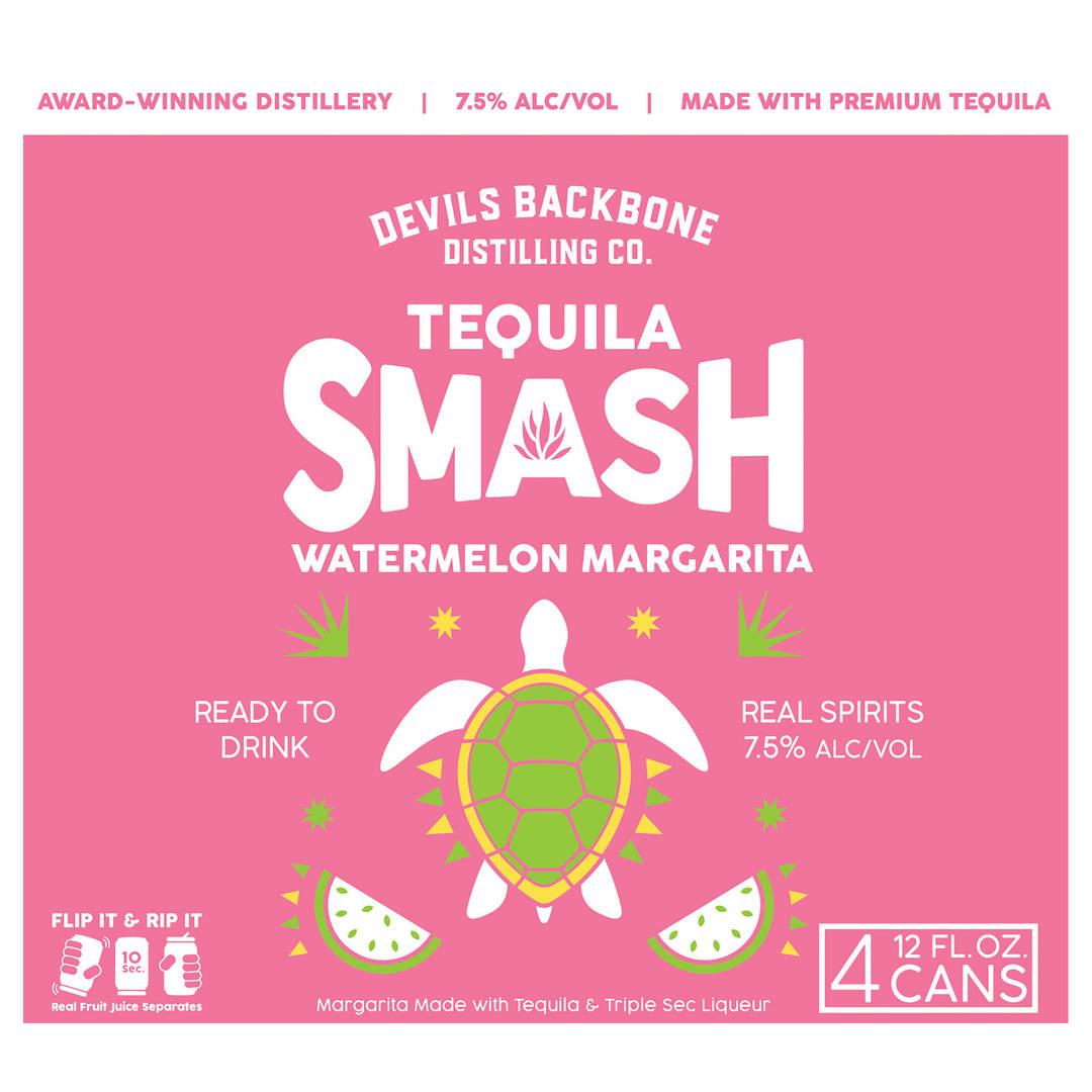 Devils Backbone Distilling Company Tequila Smash Watermelon Margarita, 4 Pack Canned Cocktails, 12 fl. Oz Cans, 7.5% ABV