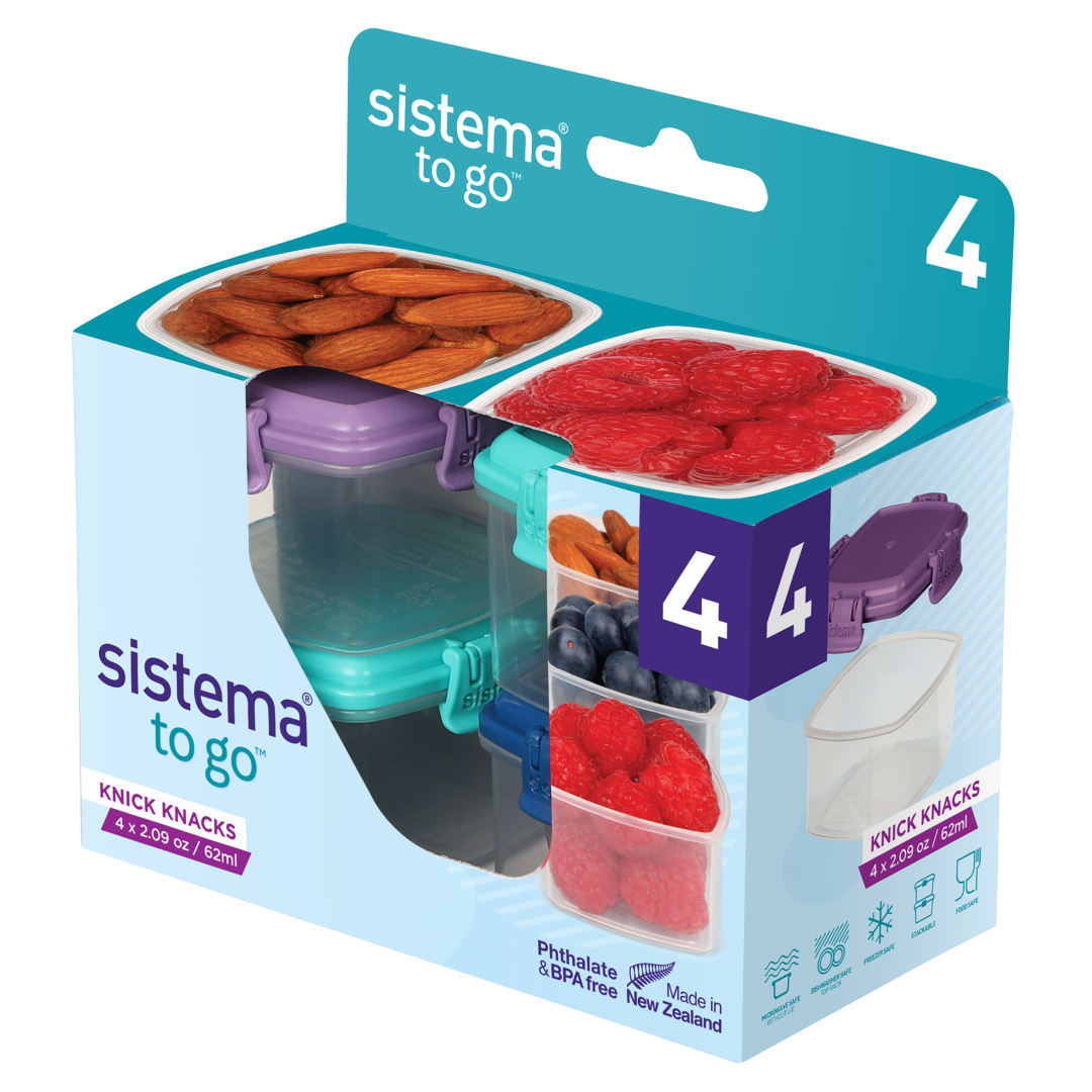 Sistema Knick Knack Pack TO GO Small Food Containers | Stackable Storage Containers with Lids | 62ml. | BPA-Free | Assorted Colour Lids | 4 Count