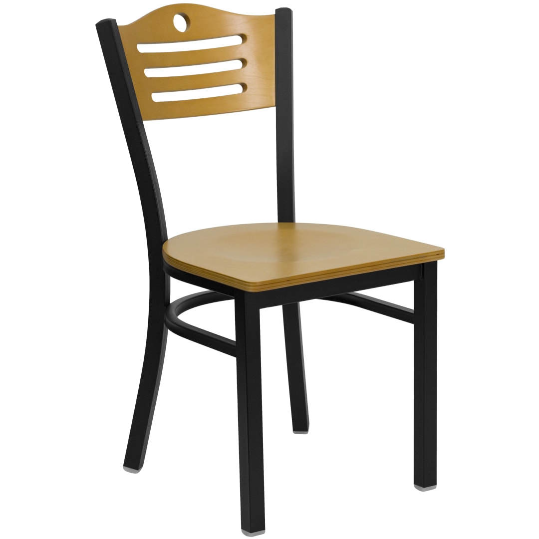 HERCULES Series Black Slat Back Metal Restaurant Chair - Natural Wood Back &amp; Seat