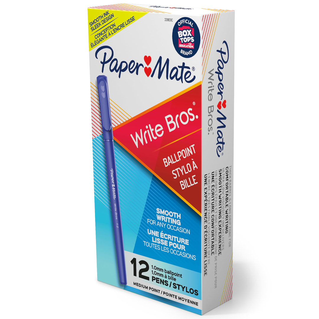 Paper Mate® Ballpoint Pens, Write Bros. Blue Ink Pens, Medium Point (1.0mm), 12 Count