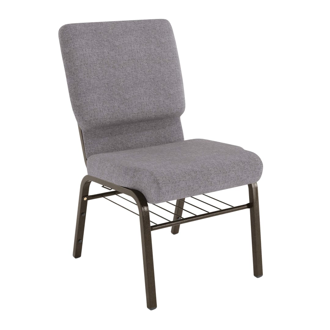 HERCULES Series 18.5''W Church Chair in Gray Fabric with Book Rack - Gold Vein Frame