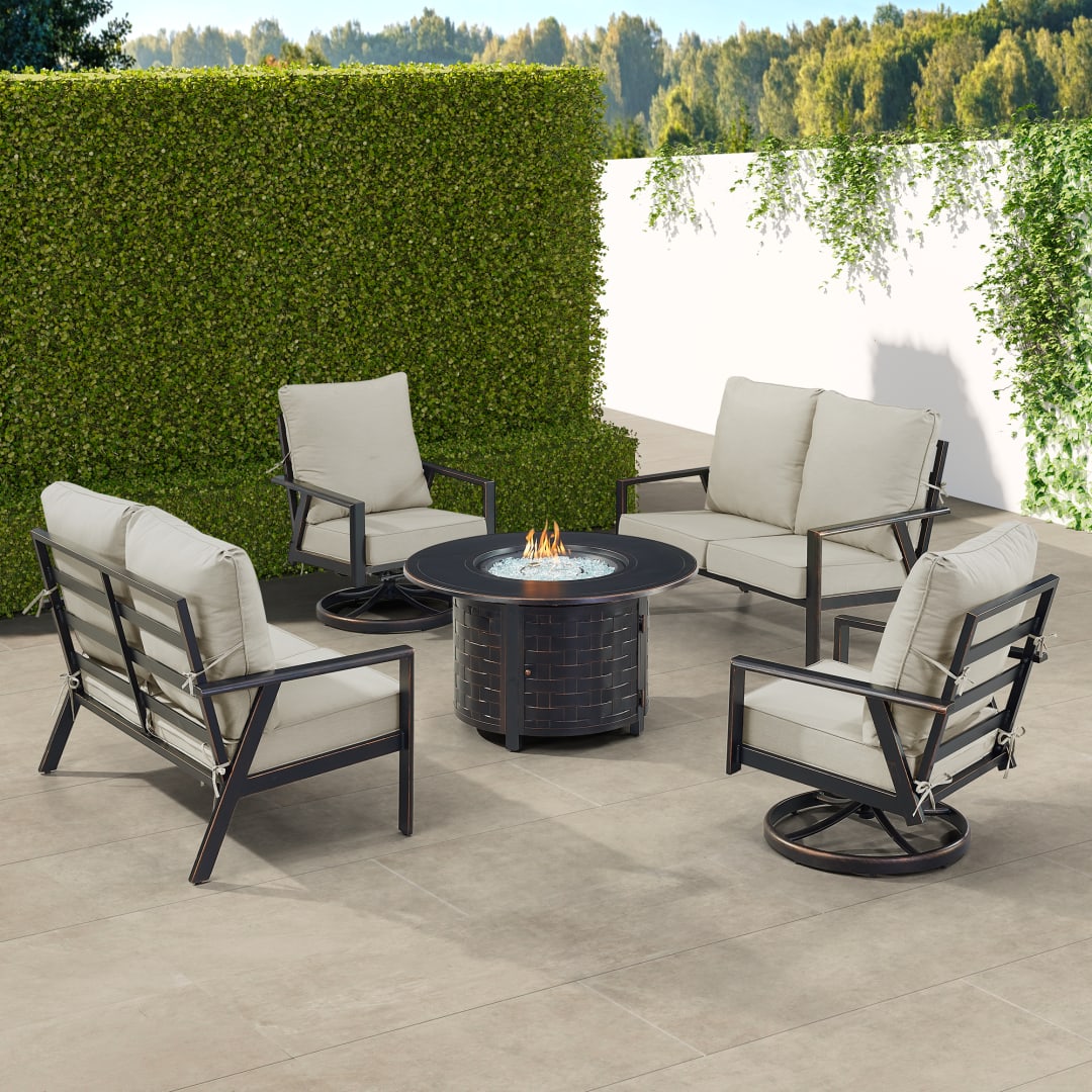 Black Aluminum Patio Fire Table Set with Two Deep Seating Loveseat with Cushions and Two Club Chairs