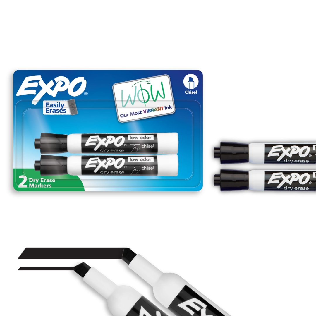 EXPO Dry Erase Markers, Low Odor Ink, Black, Chisel Tip, 2 Count