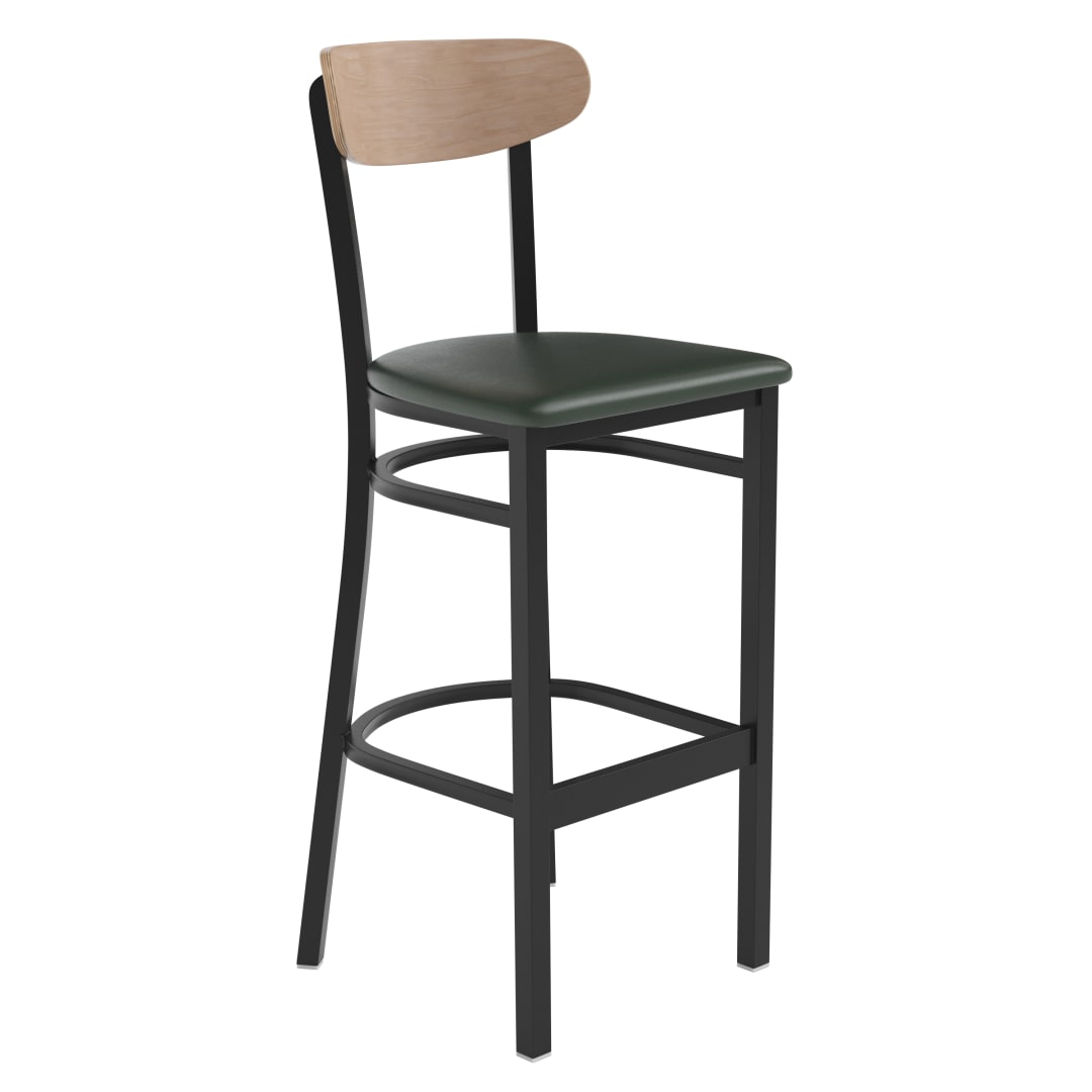 Wright Commercial Barstool with 500 LB. Capacity Black Steel Frame, Natural Birch Finish Wooden Boomerang Back, and Green Vinyl Seat