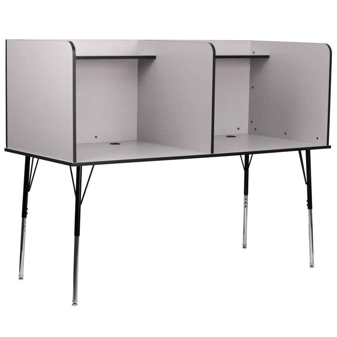 Michael Stand-Alone Double Study Carrel with Top Shelf - Height Adjustable Legs and Wire Management Grommet - Nebula Grey Finish
