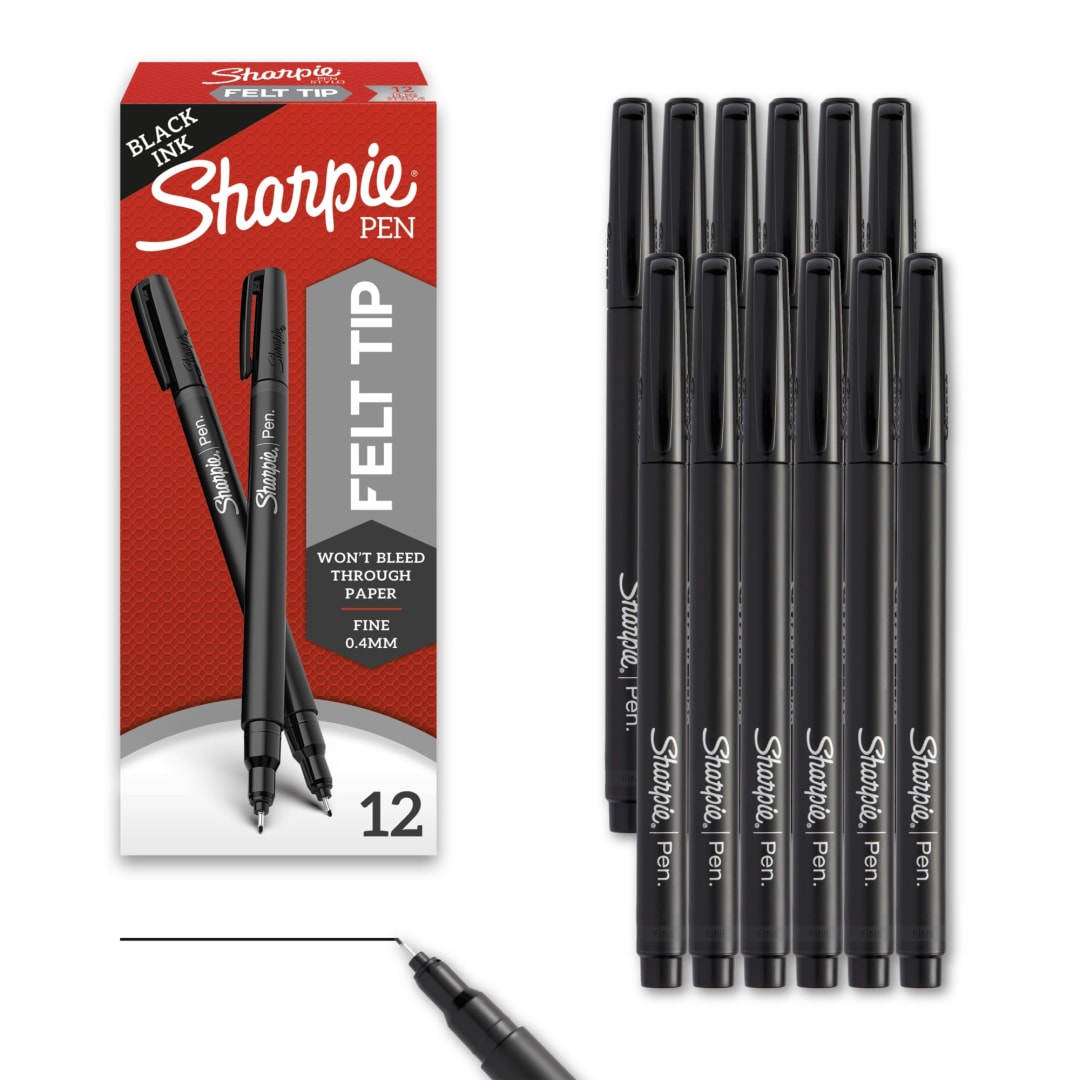 Sharpie® Felt Tip Pens, Fine Point (0.4mm), Black, 12 Count