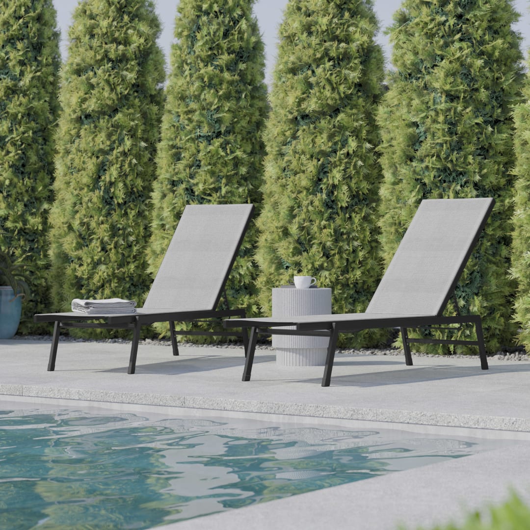 Brazos Set of 2 Adjustable Chaise Lounge Chairs, Outdoor Five-Position Recliners, All Weather, Black/Gray