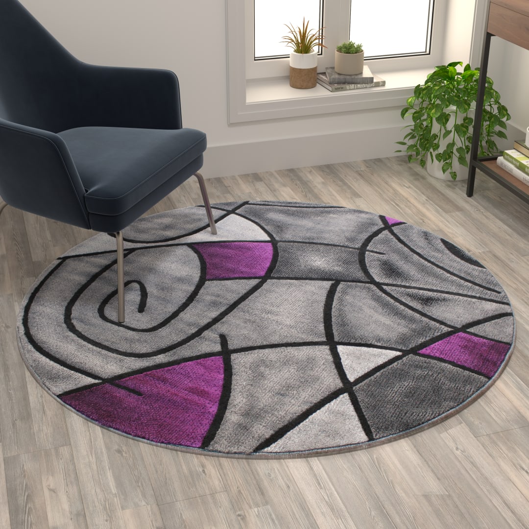 Jubilee Collection 5' x 5' Round Purple Abstract Area Rug - Olefin Rug with Jute Backing - Living Room, Bedroom, Family Room