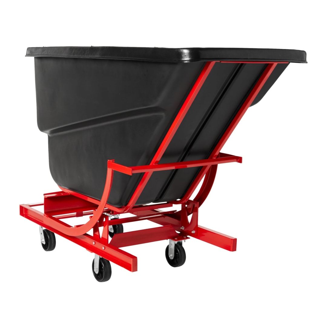 SELF-DUMPING HOPPER WITH 6 IN POLYOLEFIN CASTERS, 1 CUBIC YARD, BLACK