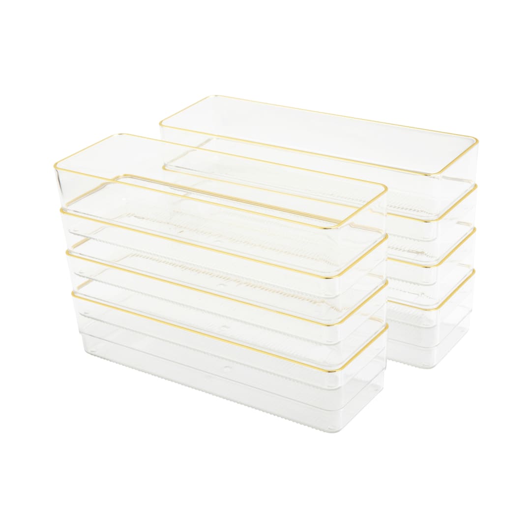 Kerry 8 Pack Plastic Stackable Office Desk Drawer Organizers with Gold Trim, 9" x 3"