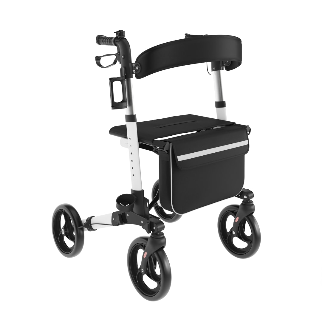 HERCULES Folding Rollator Walker with Adjustable Height, 360 Swivel, and Hand Brakes in White/Black
