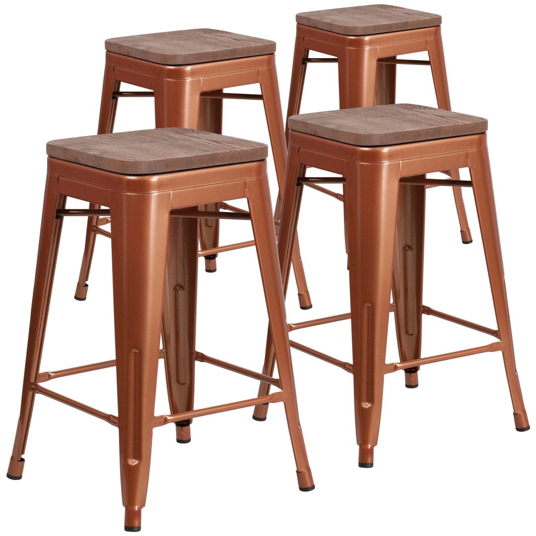 Shania 4 Pk. 24" High Backless Copper Counter Height Stool with Square Wood Seat
