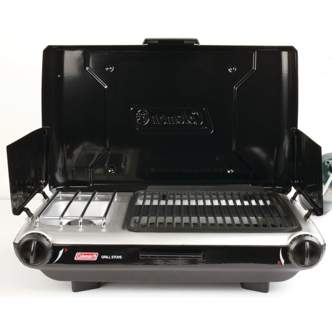 Coleman Tabletop 2-in-1 Camping Grill/Stove, 2-Burner Propane Grill & Stove with Adjustable Burners & 20,000 BTUs of Power, Great for Camping, Tailgating, Grilling