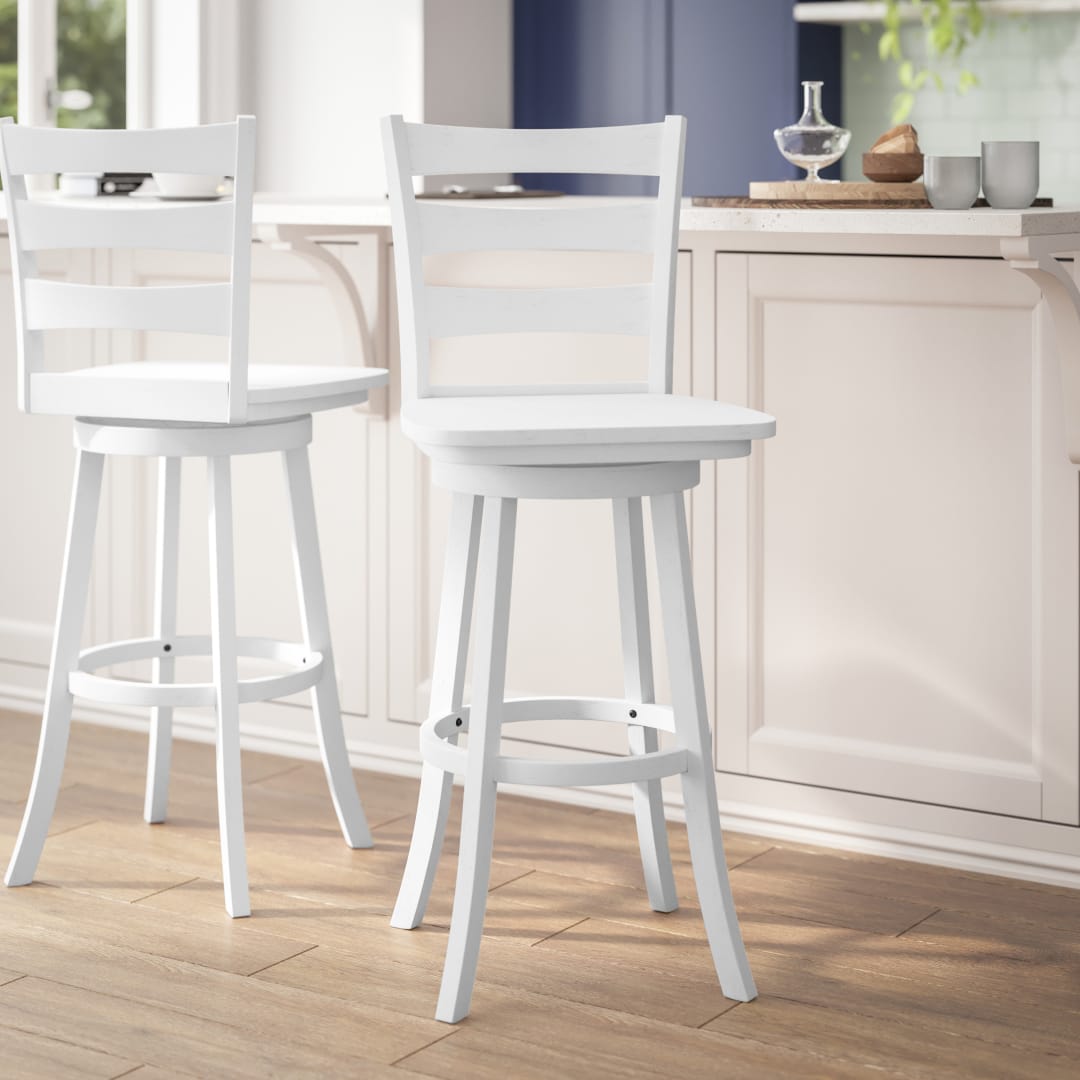 Liesel Commercial Grade Wooden Classic Ladderback Swivel Bar Height Barstool with Solid Wood Seat, Antique White Wash