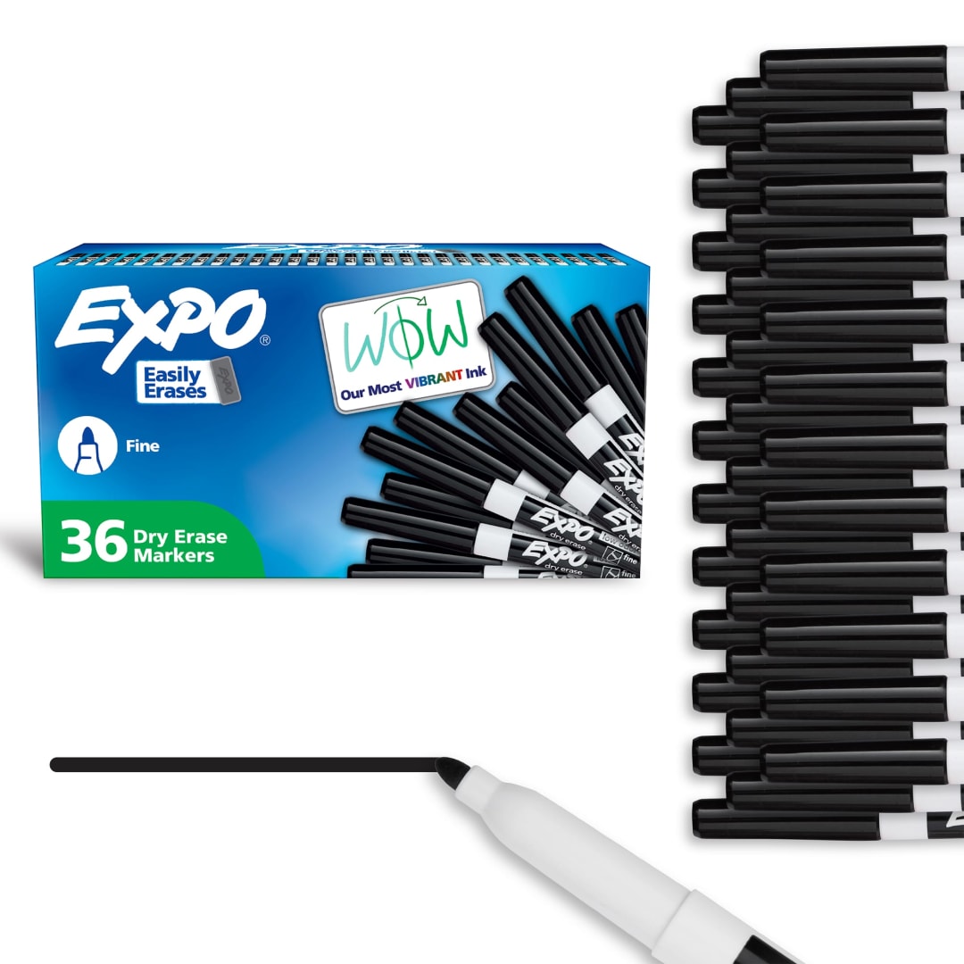 EXPO Dry Erase Markers, Low Odor Ink, Black, Fine Tip, 36 Count