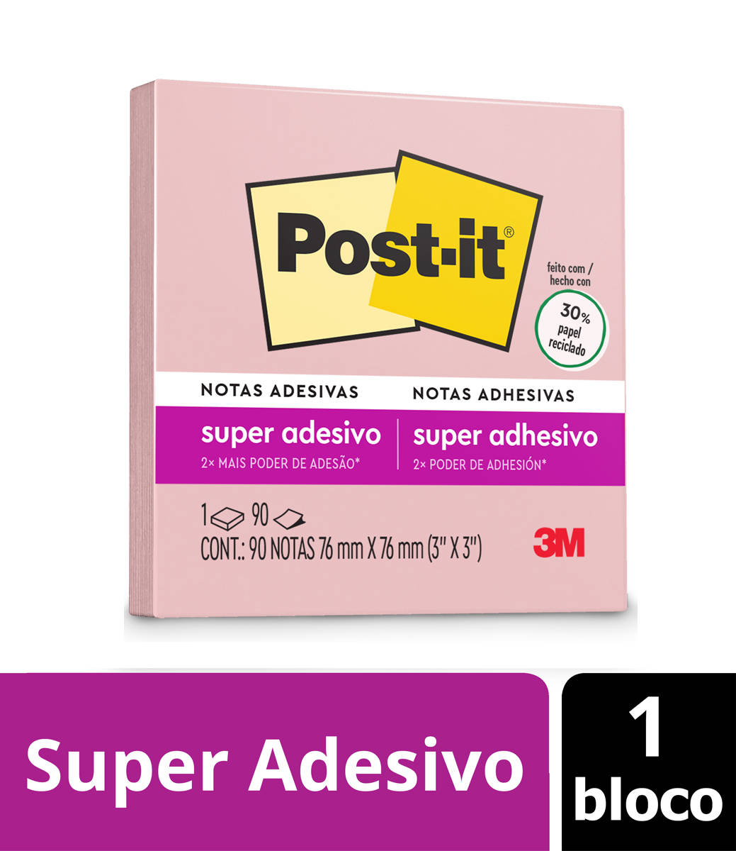 Bloco de Notas Super Adesivas Post-it®, Rosa Milênio, 76 mm x 76 mm, 90 Folhas