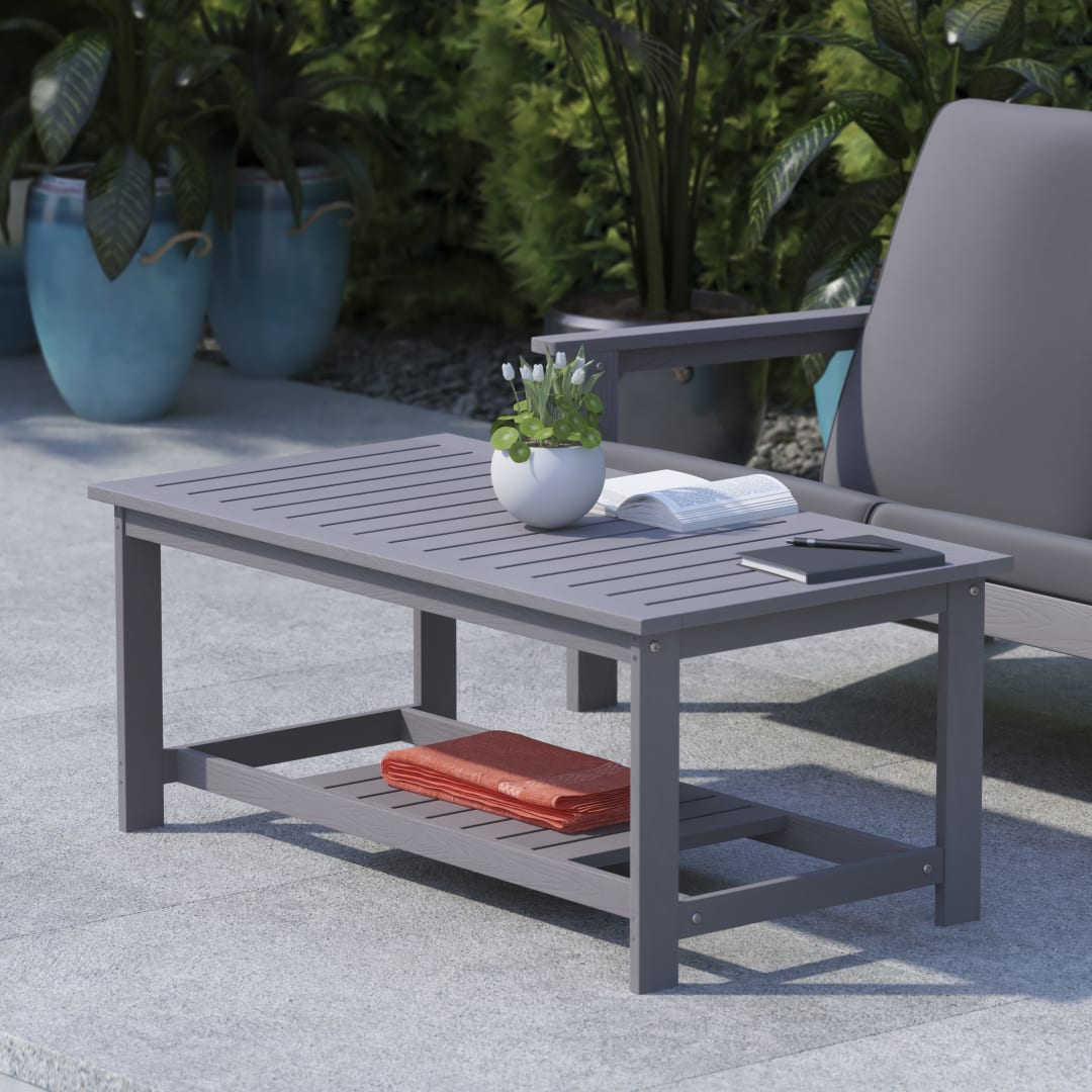 Charlestown All-Weather Poly Resin Wood Two Tiered Commercial Grade Adirondack Slatted Coffee Conversation Table in Gray