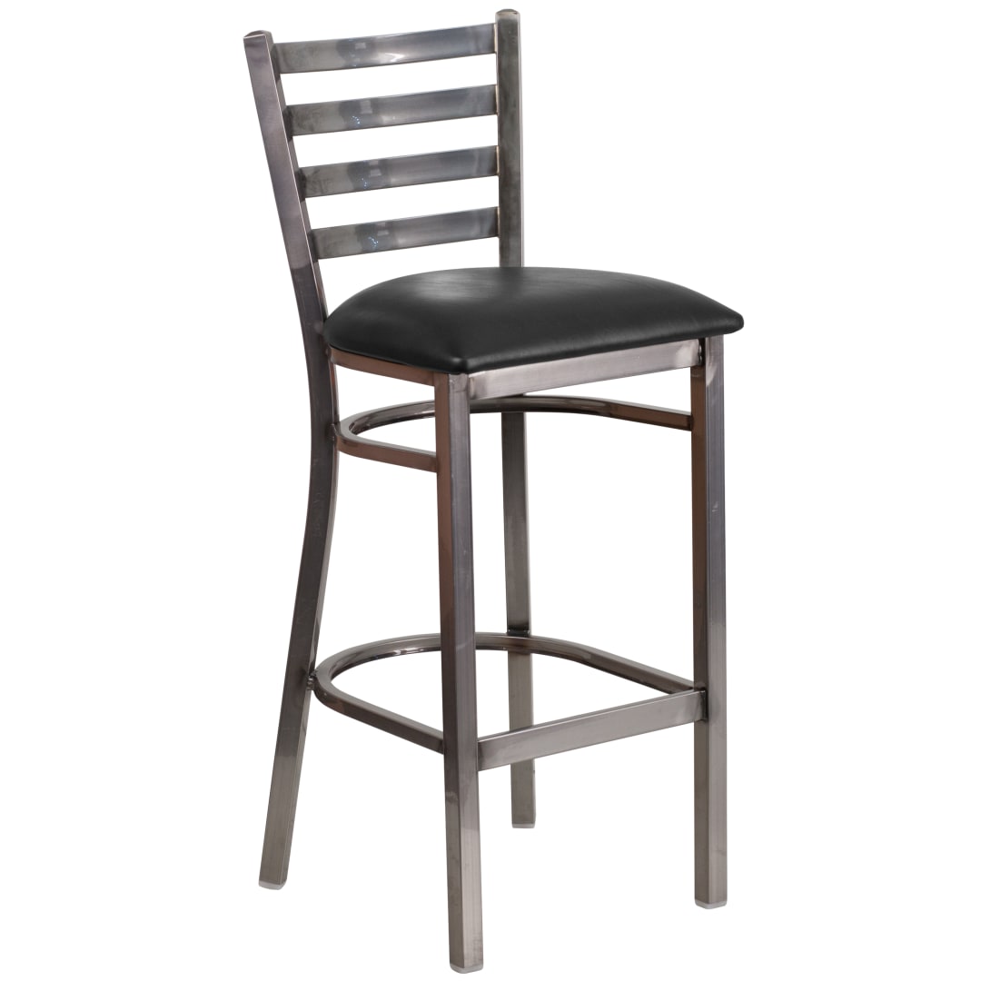 HERCULES Series Silver Antique Finish with Clear Coat Ladder Back Metal Restaurant Barstool - Black Vinyl Seat