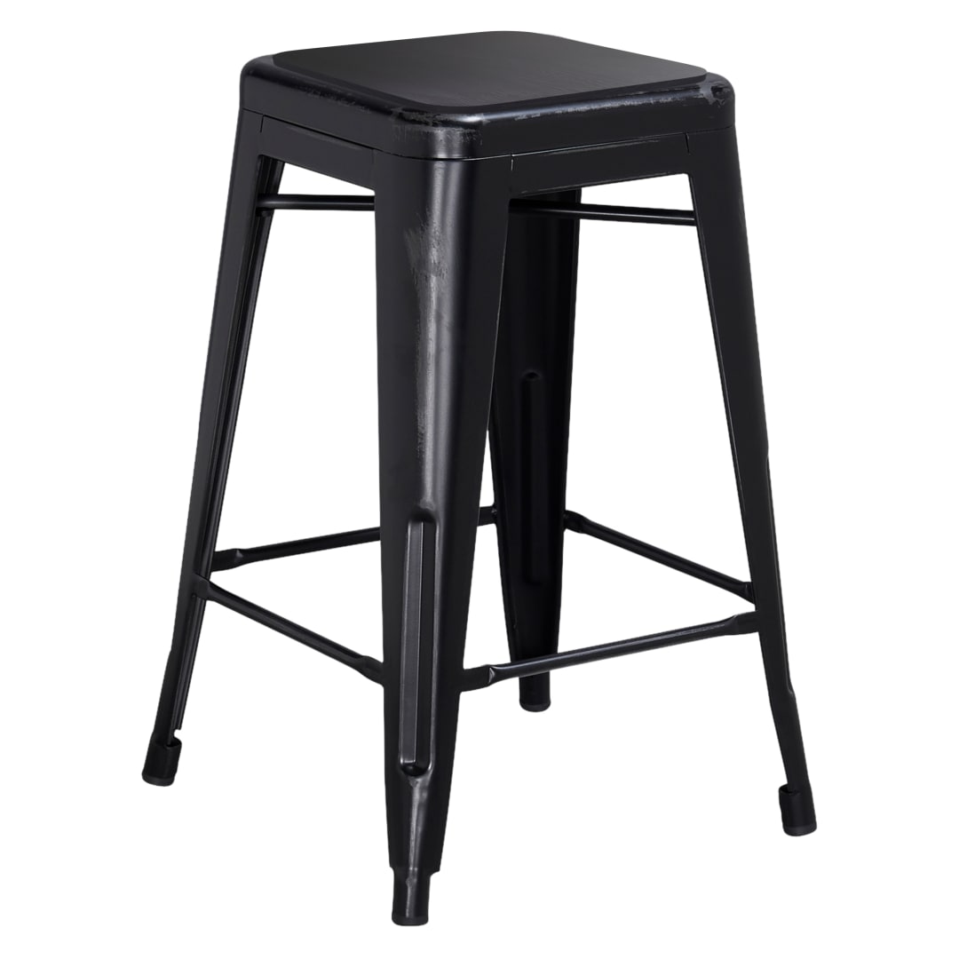 Kai Commercial Grade 24" High Backless Distressed Black Metal Indoor-Outdoor Counter Height Stool with Black All-Weather Polystyrene Seat