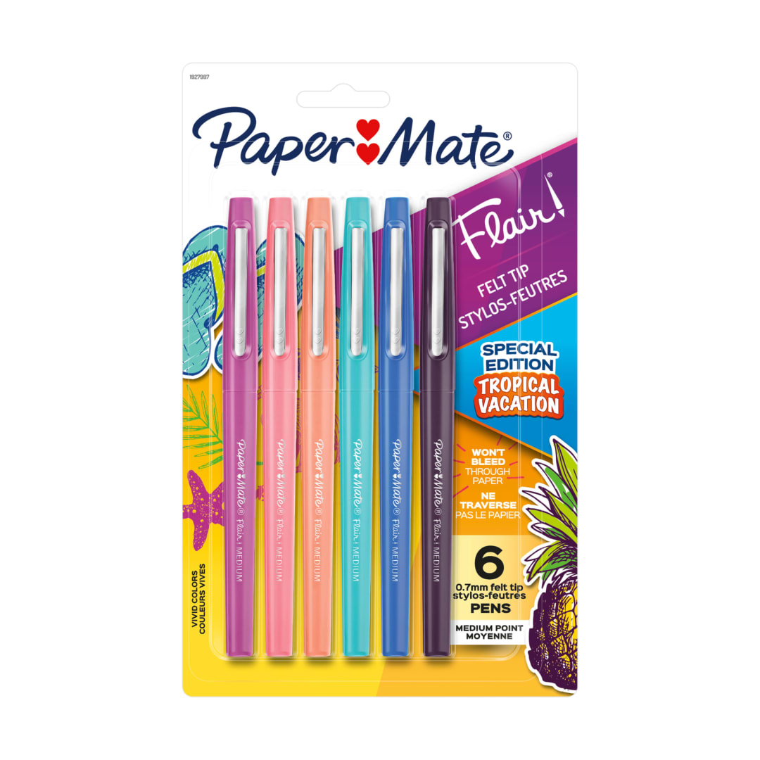 Paper Mate Flair Felt Tip Pens, Medium Point (0.7mm), Tropical Colors, 6 Count