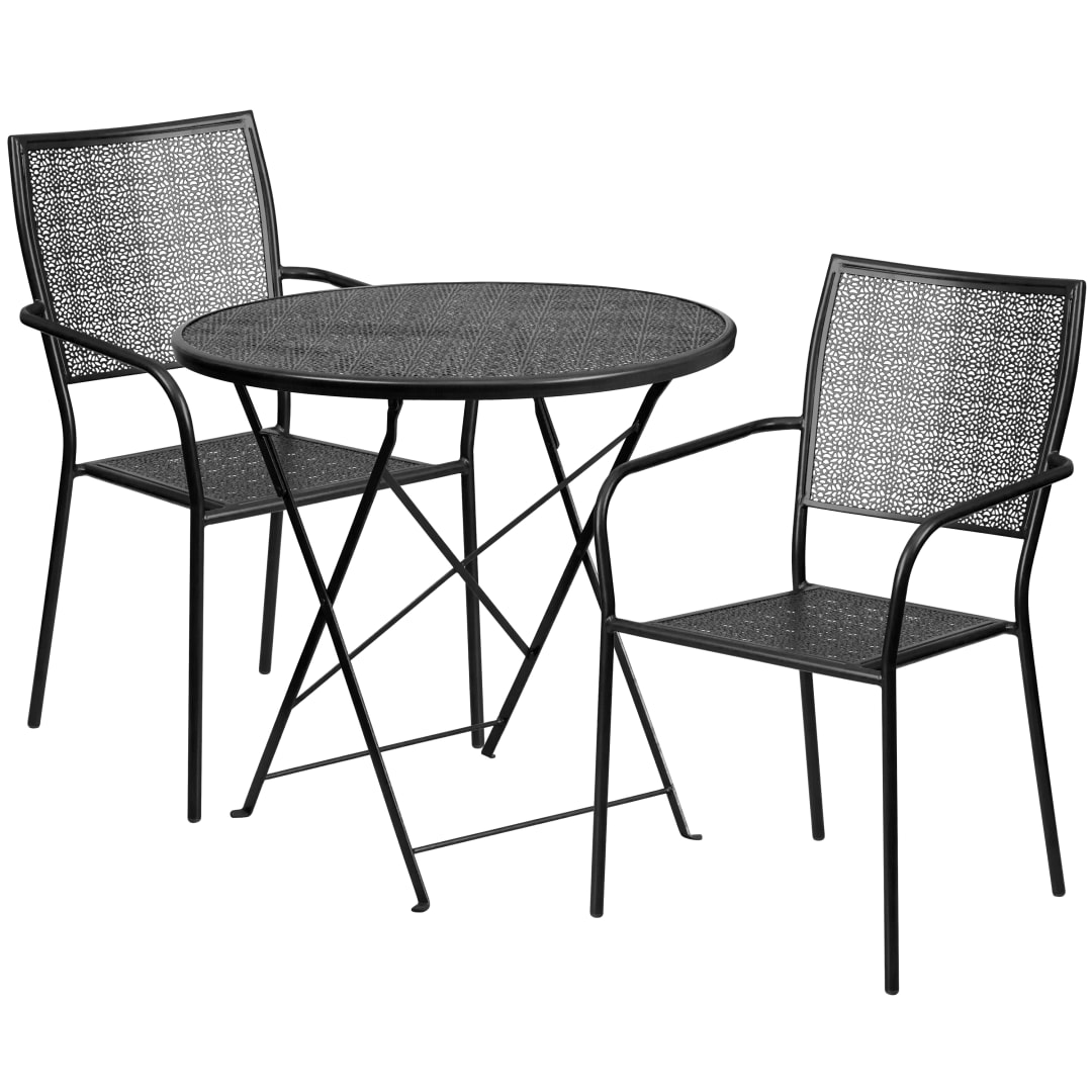 Oia Commercial Grade 30" Round Black Indoor-Outdoor Steel Folding Patio Table Set with 2 Square Back Chairs