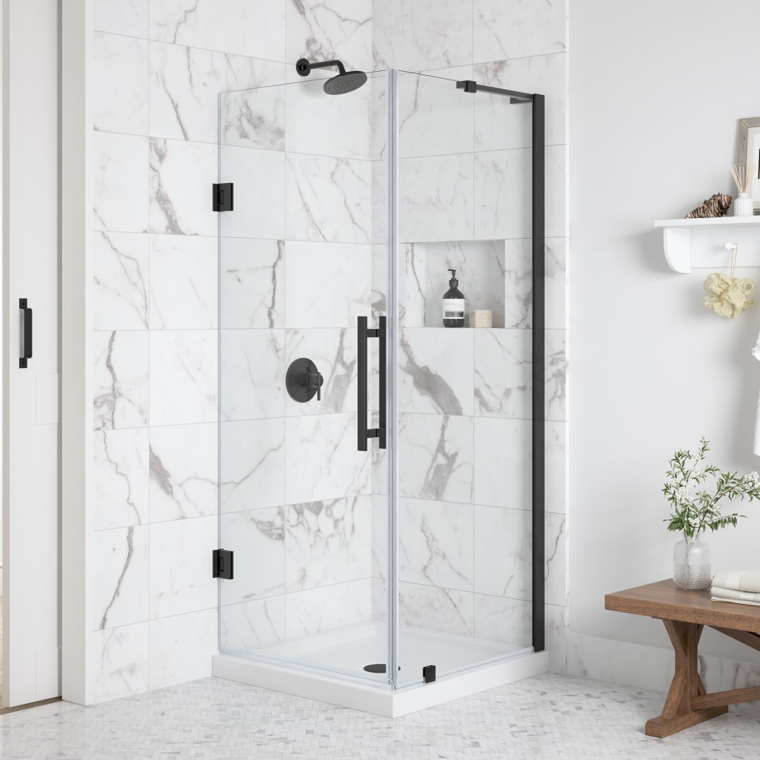 OVE Breeze Pivot 32 in. W x 32 in. D x 74 3/4 in. H Corner Frameless Hinge Shower Door Kit in Matte Black with Base Pan