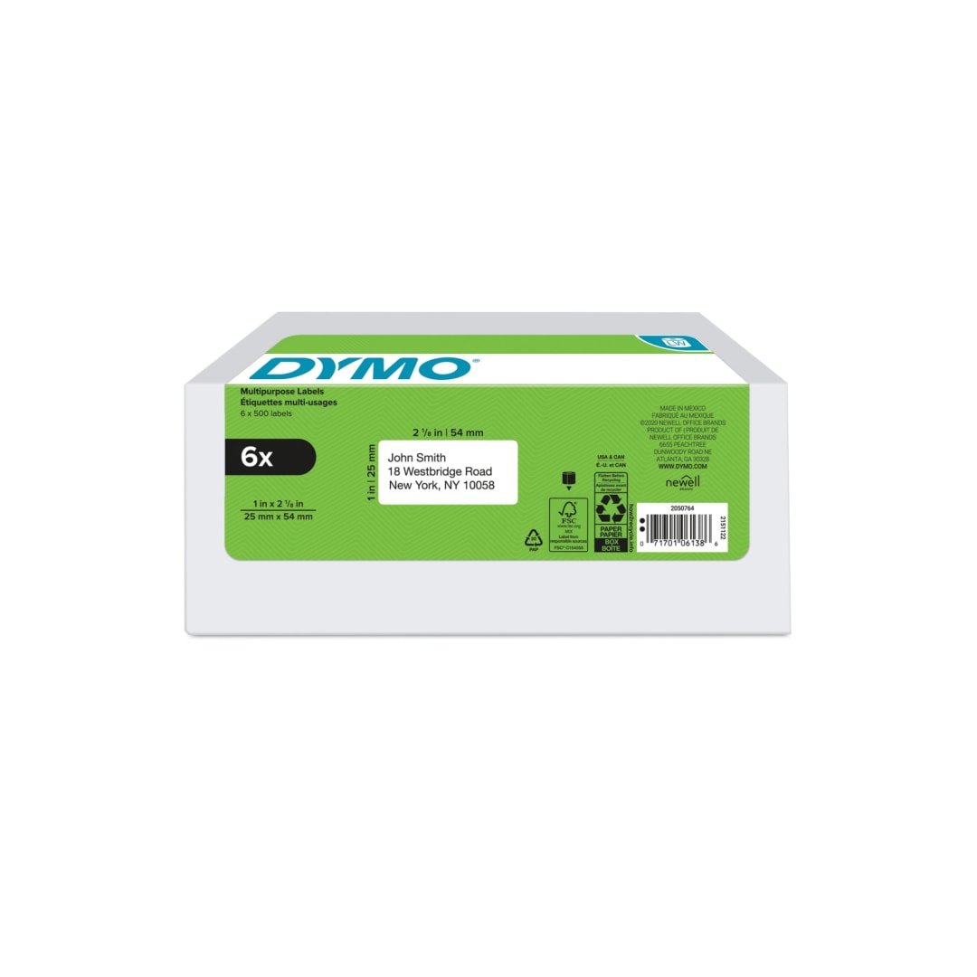 DYMO® Authentic LW Multi-Purpose Labels for LabelWriter™ Label Printers, White, 1" x 2-1/8", 6 rolls of 500 (3000 Total)