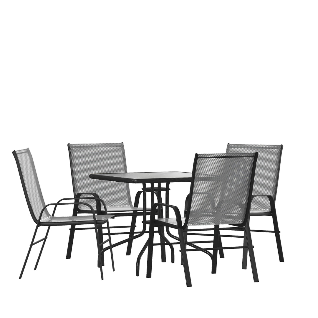 Brazos 5 Piece Outdoor Patio Dining Set - 31.5" Square Tempered Glass Patio Table, 4 Gray Flex Comfort Stack Chairs