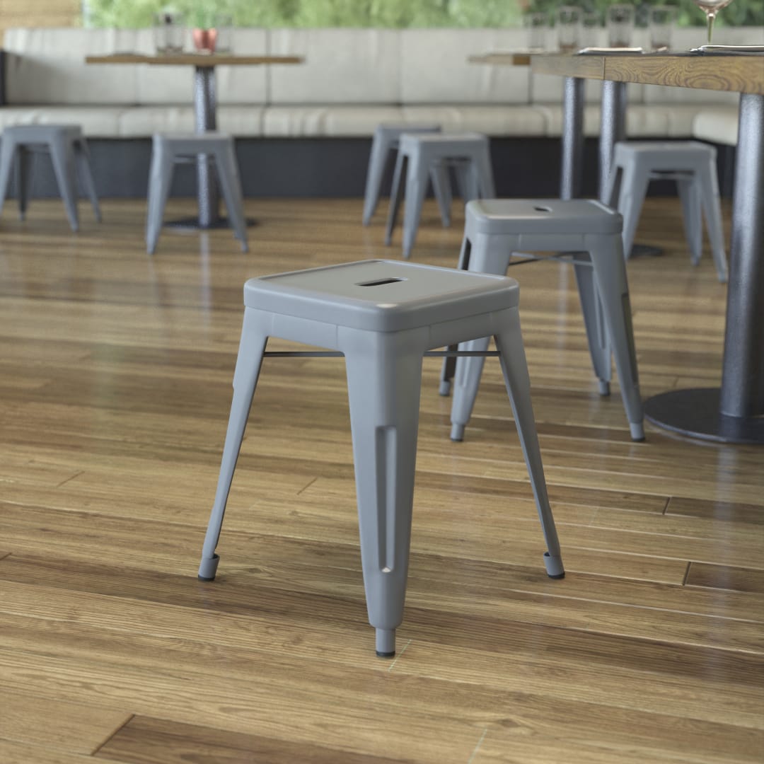 Kai 18" Table Height Stool, Stackable Backless Metal Indoor Dining Stool, Commercial Grade Restaurant Stool in Silver - Set of 4