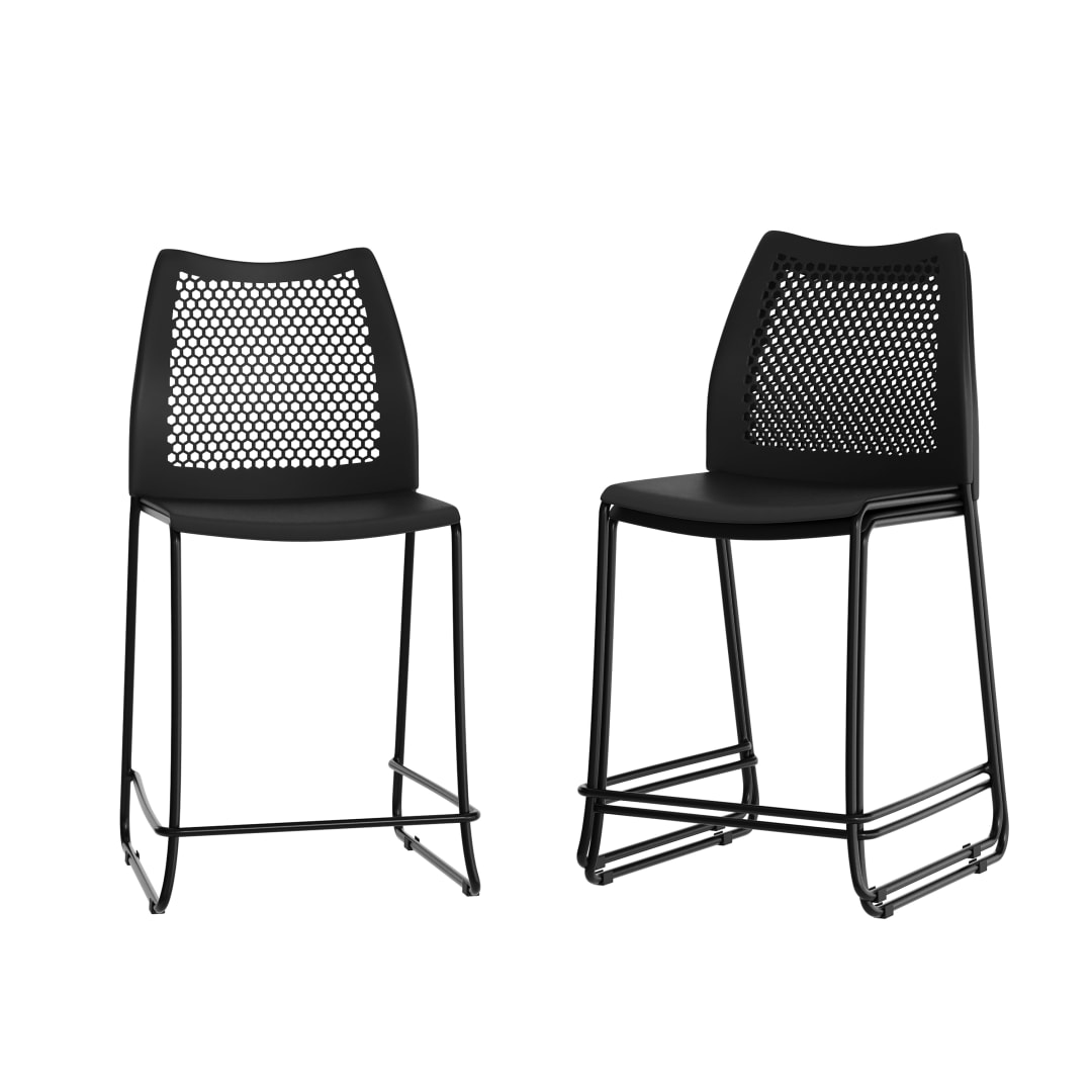 3 Pack HERCULES Series Black Stack Counter Stool with Air-Vent Back and Black Powder Coated Sled Base