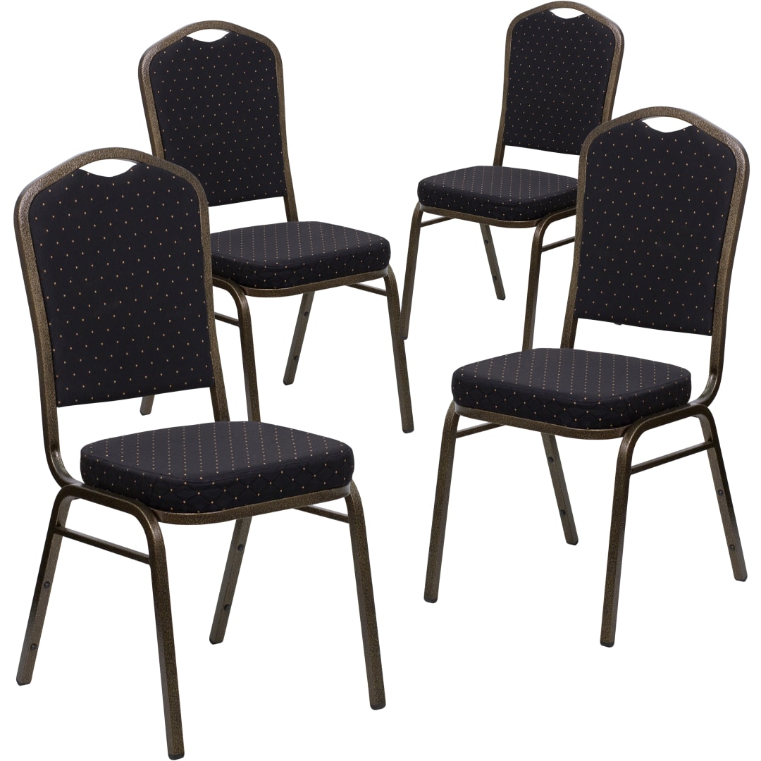 4 Pack HERCULES Series Crown Back Stacking Banquet Chair in Black Patterned Fabric - Gold Vein Frame