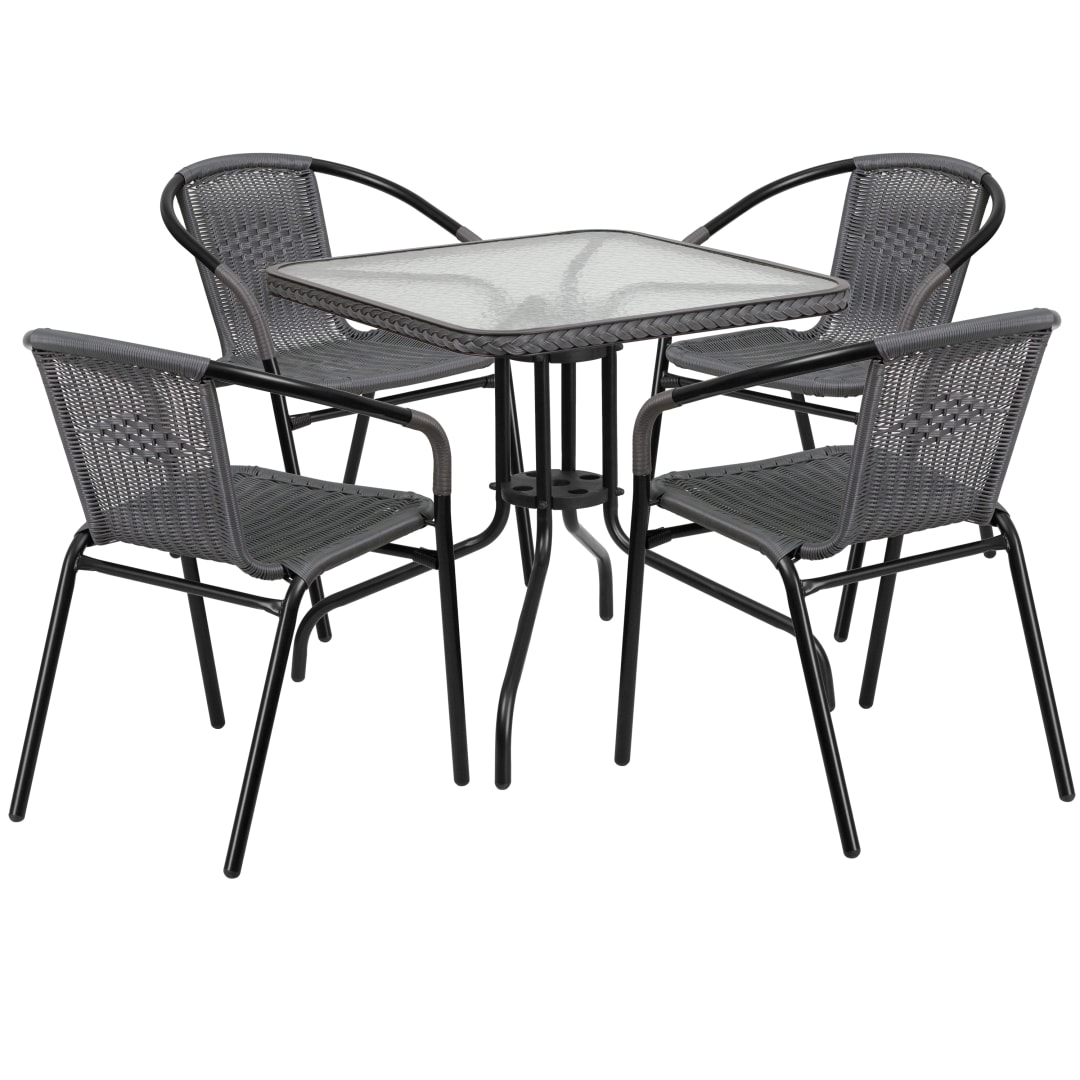 Lila 28'' Square Glass Metal Table with Gray Rattan Edging and 4 Gray Rattan Stack Chairs