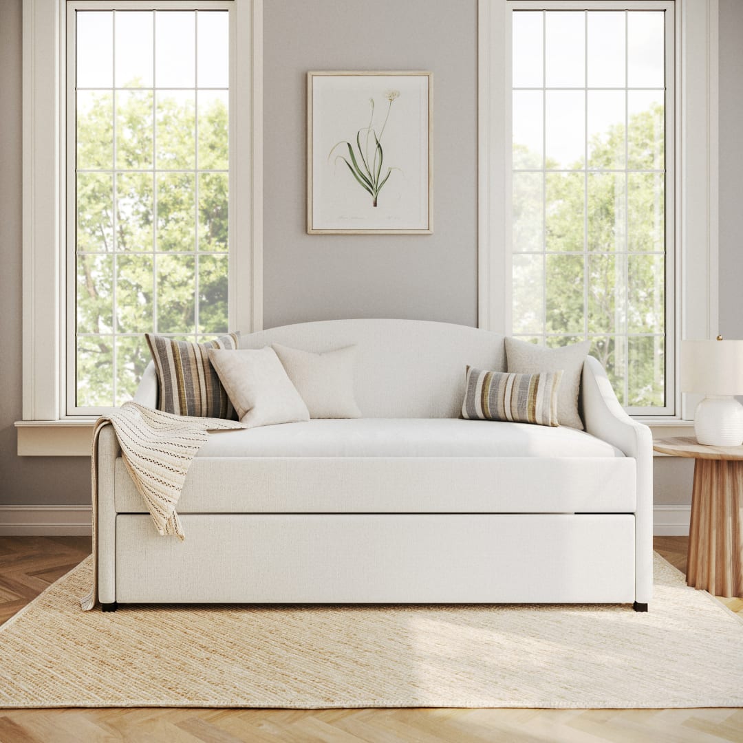 Anya Twin Upholstered Platform Daybed with Pull Out Trundle, Cushioned Headboard, Footboard, Side Rails, Trundle, No Box Spring Required, Off-White