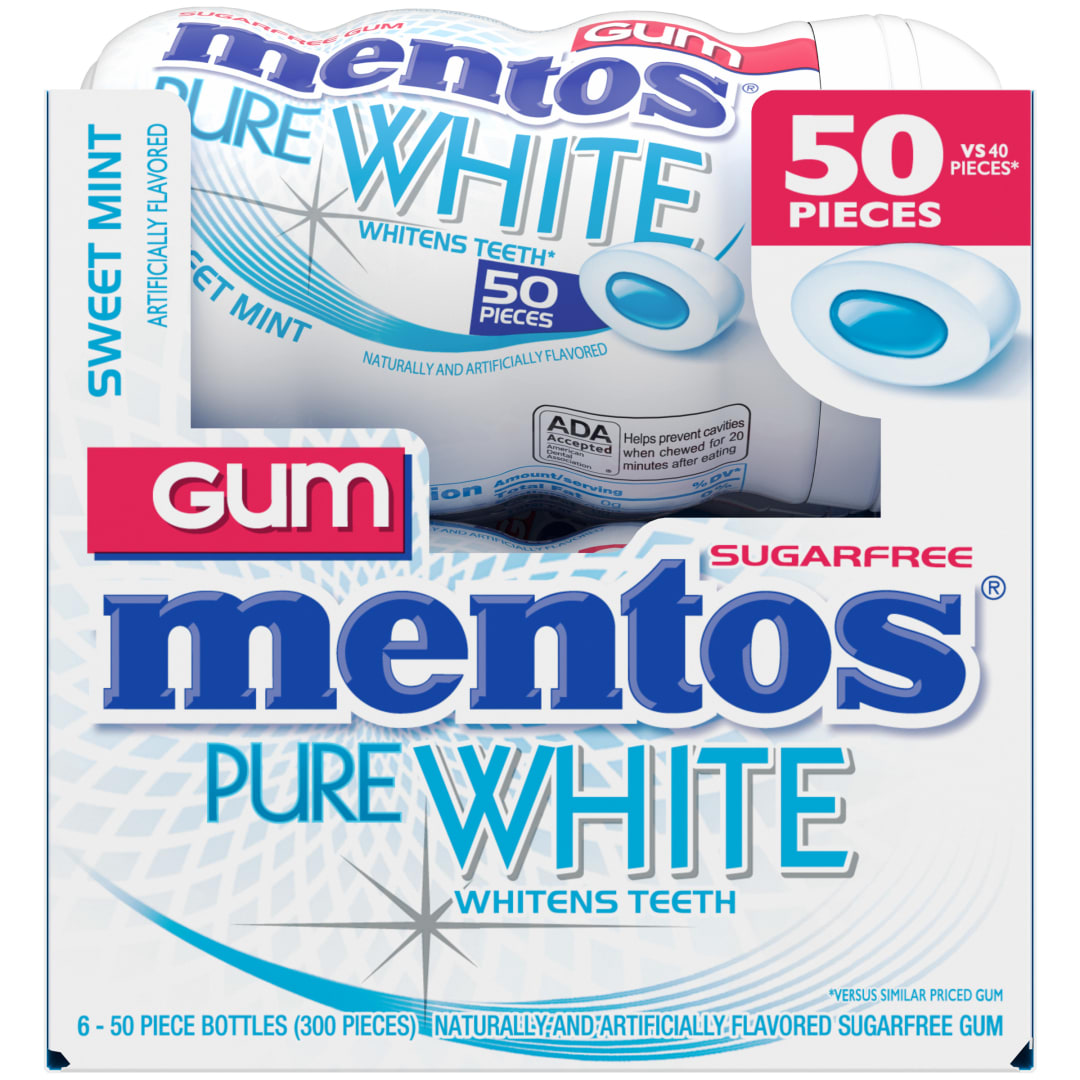 Mentos Gum Pure White Sugar Free Chewing Gum Sweet Mint 50 pc Curvy Bottles - 6 Pack