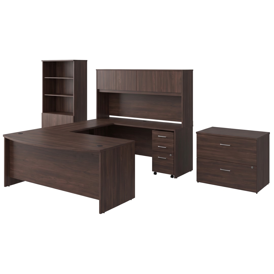 Cornerstone 7-Piece Executive U Workstation with Hutch, 3-Drawer Mobile Pedestal, Lateral File & Bookcase with Doors, Espresso