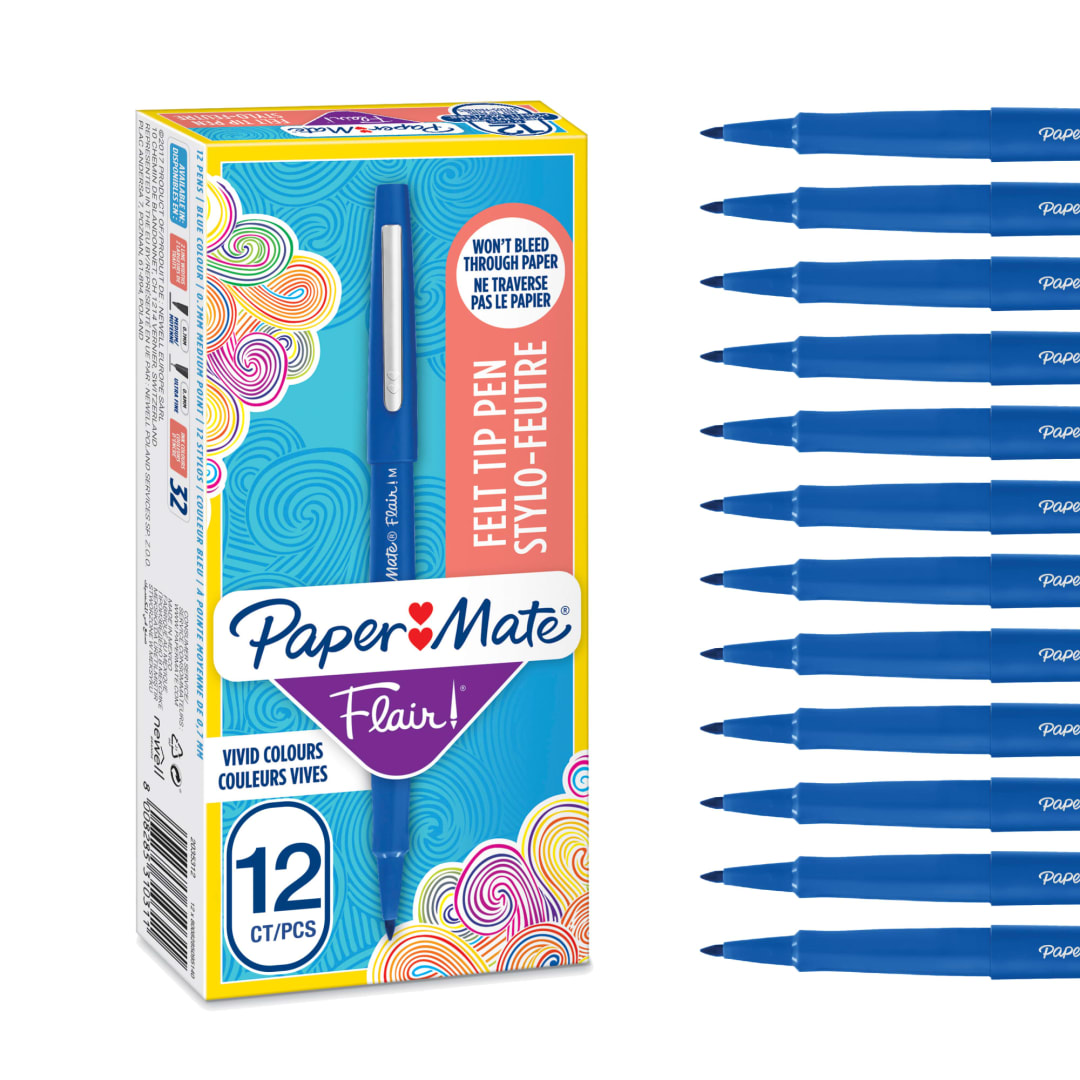 Paper Mate® Flair Felt Tip Pens | Medium Point (0.7mm) | Blue | 12 Count